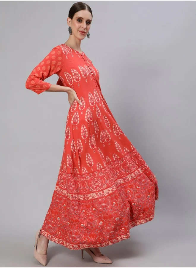 آي شين Aline Fit Self Design Pattern Round Neck Neck Three-Quarter Sleeves Peach Colour Woven Cotton Kurtas for Women with Semi Elastic Closure - Unmatched Grace and Comfort