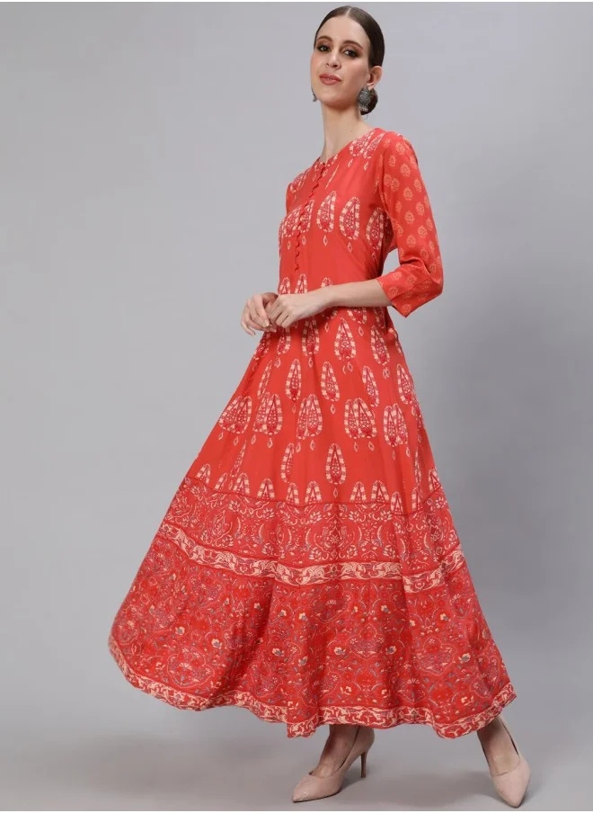 آي شين Aline Fit Self Design Pattern Round Neck Neck Three-Quarter Sleeves Peach Colour Woven Cotton Kurtas for Women with Semi Elastic Closure - Unmatched Grace and Comfort