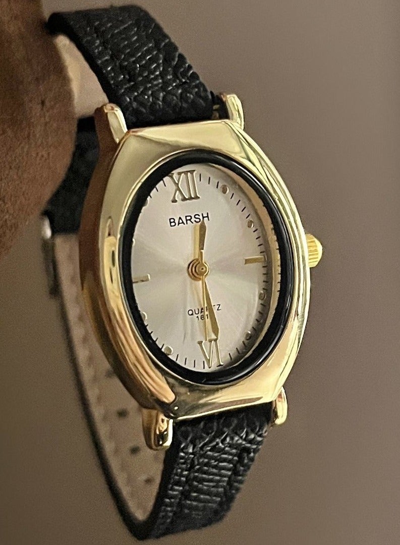 Barsh Women's Oval Vintage Watch - Gold Case with White Dial & Black Leather Strap | Elegant Casual Wristwatch - Image 1