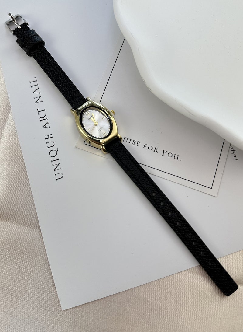 Barsh Women's Oval Vintage Watch - Gold Case with White Dial & Black Leather Strap | Elegant Casual Wristwatch - Image 2