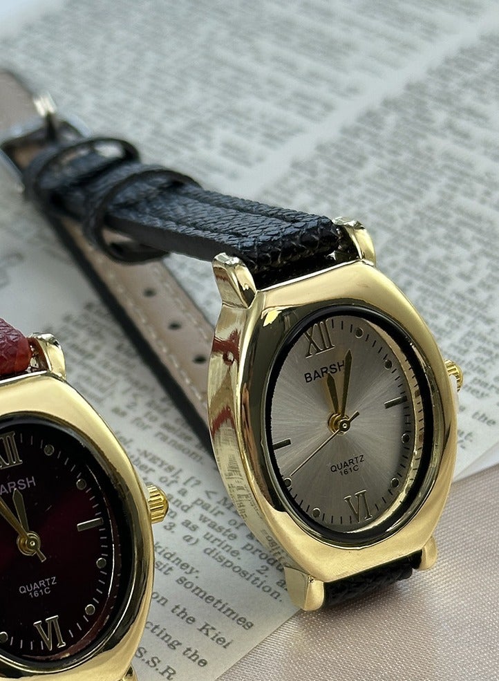 Barsh Women's Oval Vintage Watch - Gold Case with White Dial & Black Leather Strap | Elegant Casual Wristwatch - Image 3