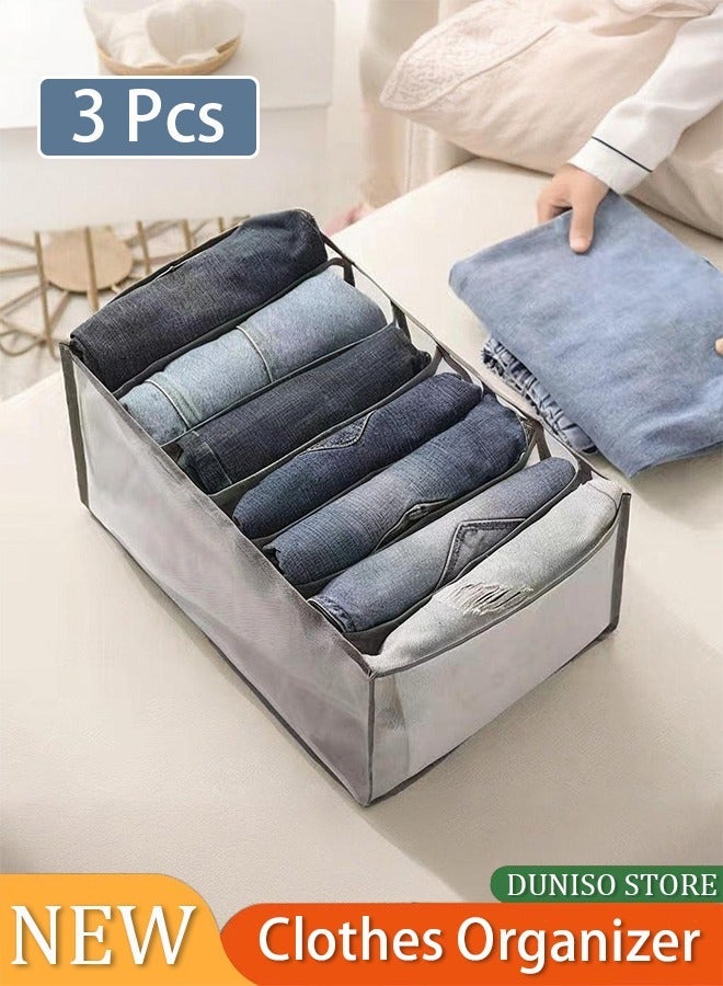 DUNISO 3 Pcs Washable Clothes Organizer Jeans Compartment Storage Foldable Closet Drawer Mesh Separation Clothing Storage Bins Box Grey(7 Grids) - Image 1