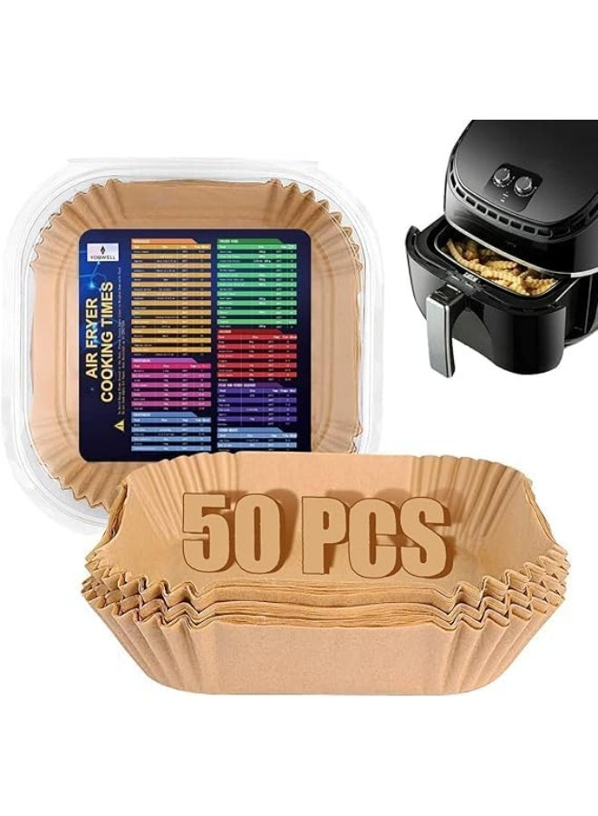 Air Fryer Liners Disposable Air Fryer Paper Liners for Baking & Frying Air Fryer Disposable Paper Liner with Air Fryer Cooking Times Chart Non Stick Oil Proof for 3-5L Air Fryers Square - Image 1