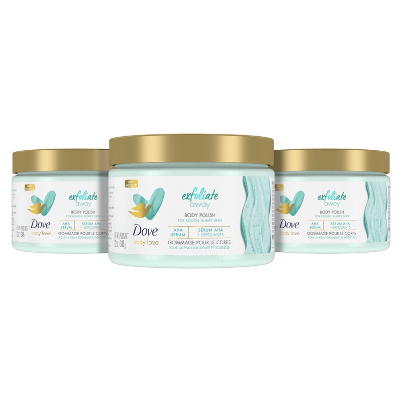 Dove دوف بودي لوف مقشر الجسم 3 قطع لإزالة الخشونة والنتوءات مع أحماض ألفا هيدروكسي لبشرة ناعمة حريرية 12 أونصة - Image 1