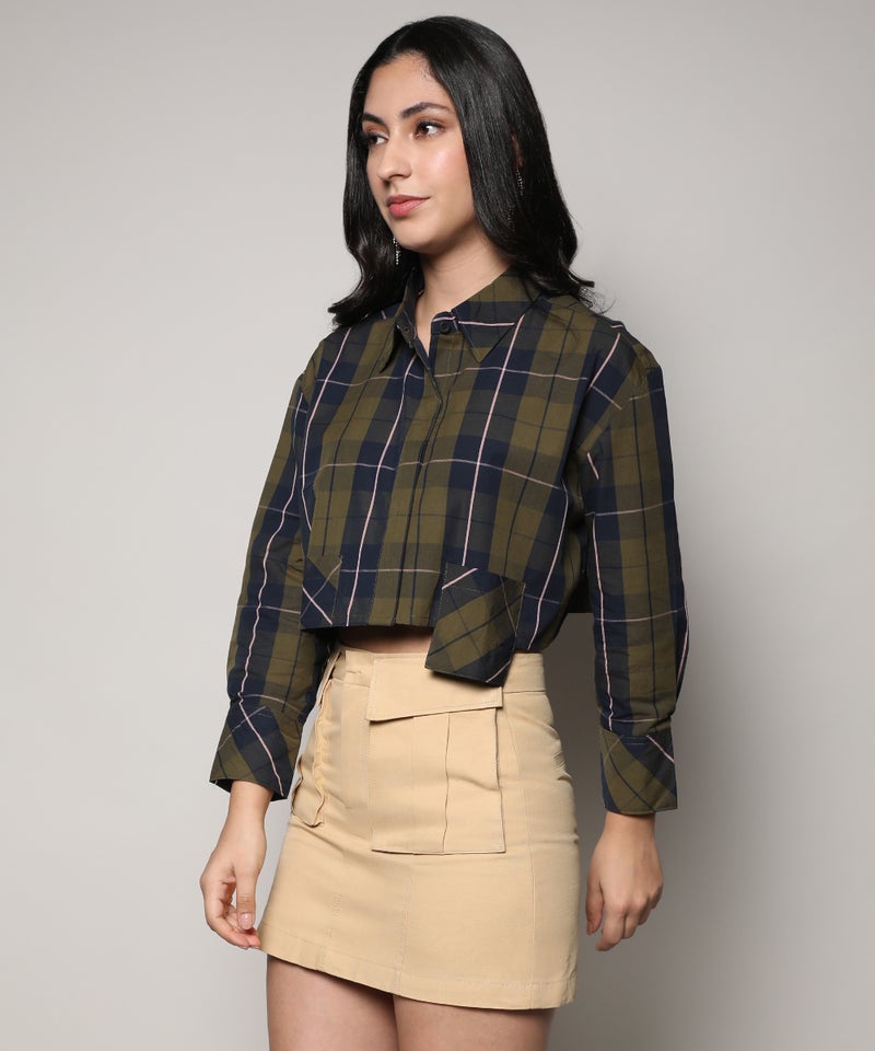 Campus Sutra Women's Olive Green & Navy Blue Tartan Plaid Crop Shirt  - Image 3