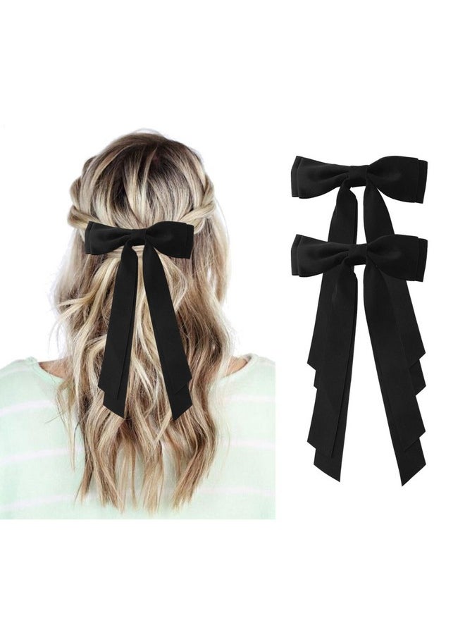 Ronger2000 Black Hair Bows for Women - 2Pcs Silkly Satin Hair Ribbon Bow with Metal Clips Hair Accessories for Girls  - Image 1