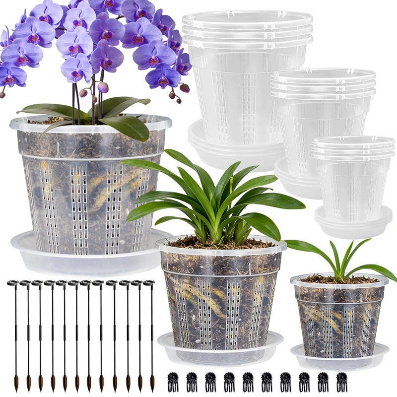 HOLANHING Orchid Pot with Saucers, 9 Pack Orchid Pots with Holes and 12Pcs Plant Stakes, 3 Each of 4.3",5.5",6.1" Clear Plastic Plant Pot for Indoor Outdoor Plants(3 Each of 4.3", 5.5", 6.1" + Saucers) - Image 1