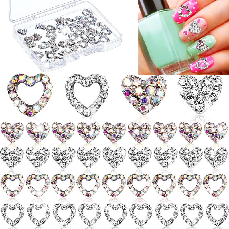 Leelosp Leelosp 36 Pcs Heart Nail Charms for Nail Art 3D Heart Rhinestone Decals Silver Crystal Charms Diamond Alloy Gems Decorations for Women Valentines Decoration 