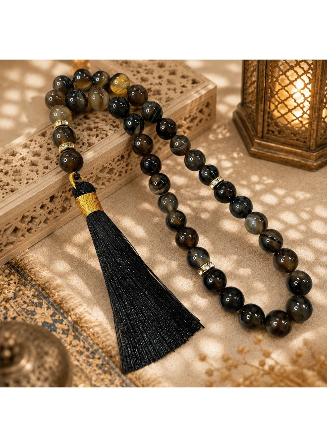 VEYRA 33-Bead Natural Smoky Quartz Tasbih, 10mm Islamic Prayer Beads with Vintage Gold Details - Image 4