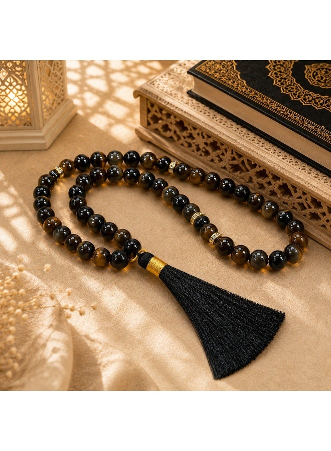 VEYRA 33-Bead Natural Smoky Quartz Tasbih, 10mm Islamic Prayer Beads with Vintage Gold Details - Image 3
