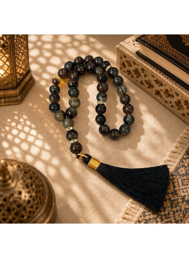 VEYRA 33-Bead Natural Smoky Quartz Tasbih, 10mm Islamic Prayer Beads with Vintage Gold Details - Image 5