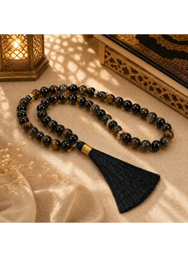 VEYRA 33-Bead Natural Smoky Quartz Tasbih, 10mm Islamic Prayer Beads with Vintage Gold Details - Image 2