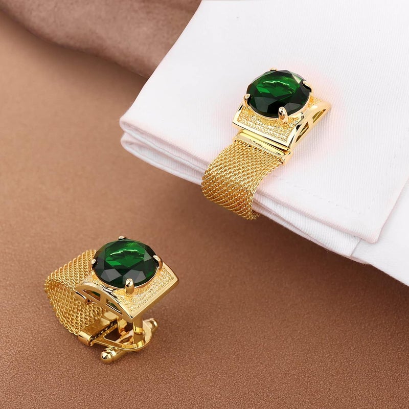 هاوسن Mens Cufflinks with Chain - Stone and Shiny Gold Tone Shirt Accessories - Party Gifts for Young Men - Image 2