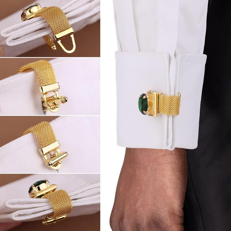هاوسن Mens Cufflinks with Chain - Stone and Shiny Gold Tone Shirt Accessories - Party Gifts for Young Men - Image 3