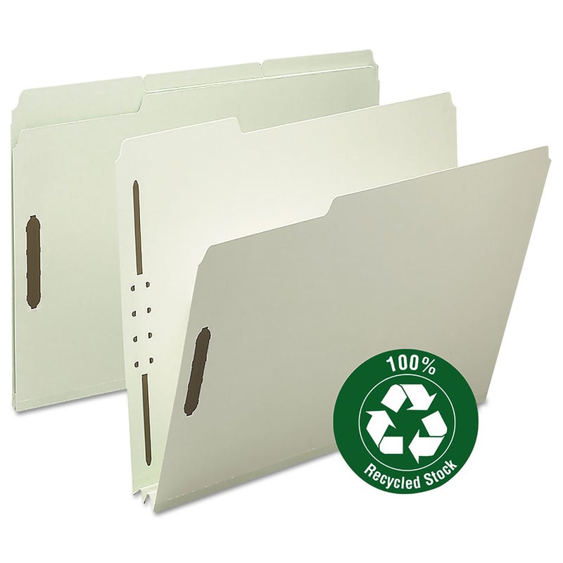 Smead 100% Recycled Pressboard Fastener File Folder, 2 Fasteners, 1/3-Cut Tab, 2" Expansion, Letter Size, Gray/Green, 25 per Box (15004) - Image 1
