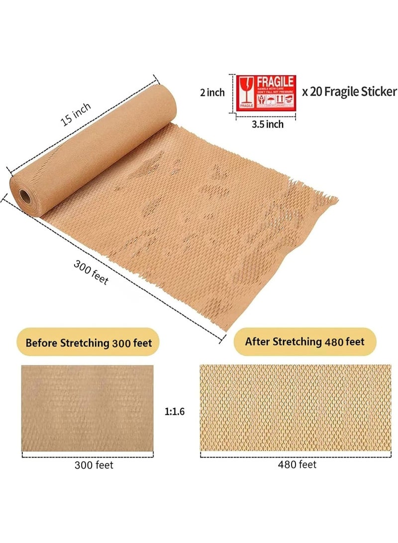 Arabest Honeycomb Packing Paper, 15"x300' Eco Friendly Packing Paper for Moving Recyclable Shipping Supplies Bubble Paper Wrapping Protective Roll, With 24 Fragile Sticker Labels - Image 4