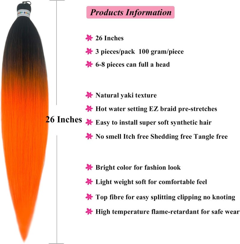 اوبرويو ش��ر تجديل أومبيري برتقالي ممدد مسبقًا 26 بوصة كانيكالون ممدد مسبقًا شعر تجديل أومبيري شعر ملون اصطناعي امتدادات شعر للتجديل ضفائر مربعة (3 عبوات) - Image 2