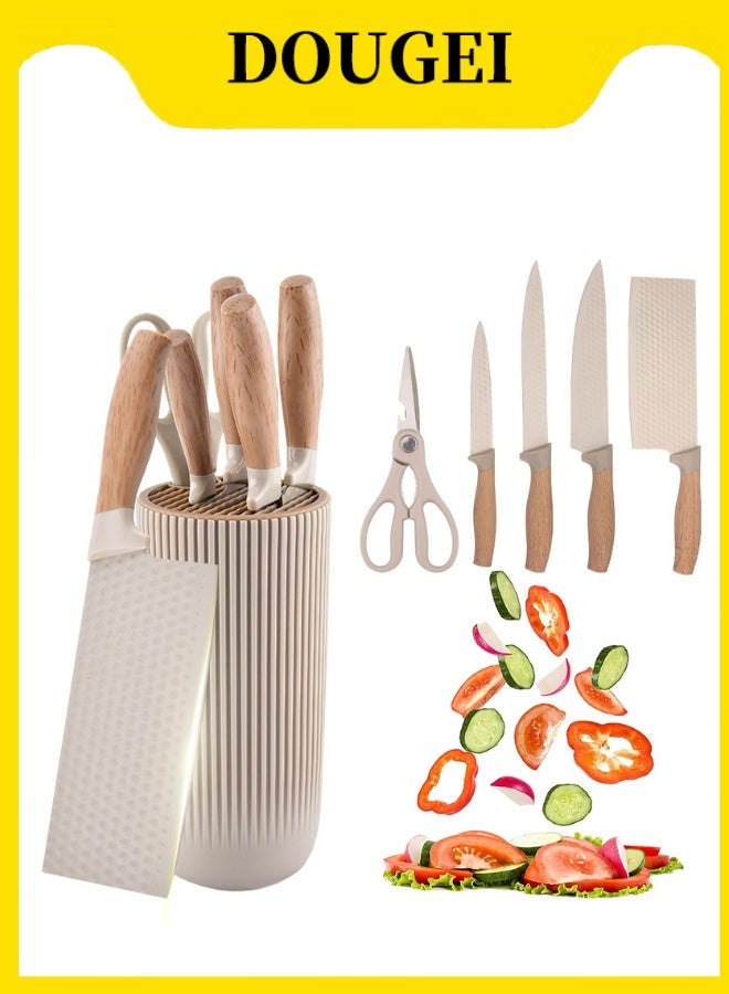 DOUGEI 6-PieceKitchen Knife Set, Khaki Kitchen Knife Set with Knife Block – Non-Stick Stainless Steel Sharp Blades, Anti-Rust & Ergonomic Design for Home, Restaurant,Outdoor - Image 1