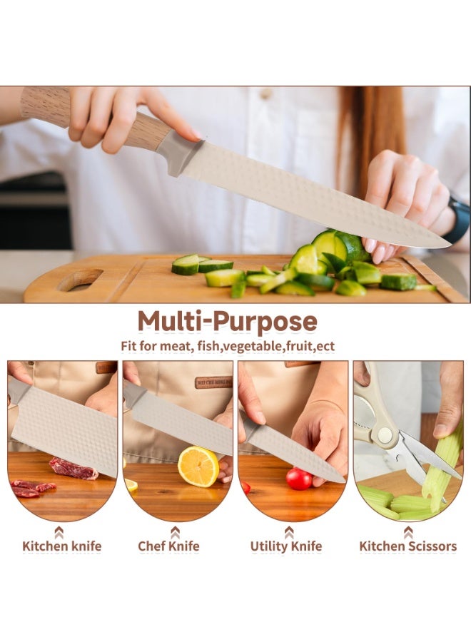 DOUGEI 6-PieceKitchen Knife Set, Khaki Kitchen Knife Set with Knife Block – Non-Stick Stainless Steel Sharp Blades, Anti-Rust & Ergonomic Design for Home, Restaurant,Outdoor - Image 5