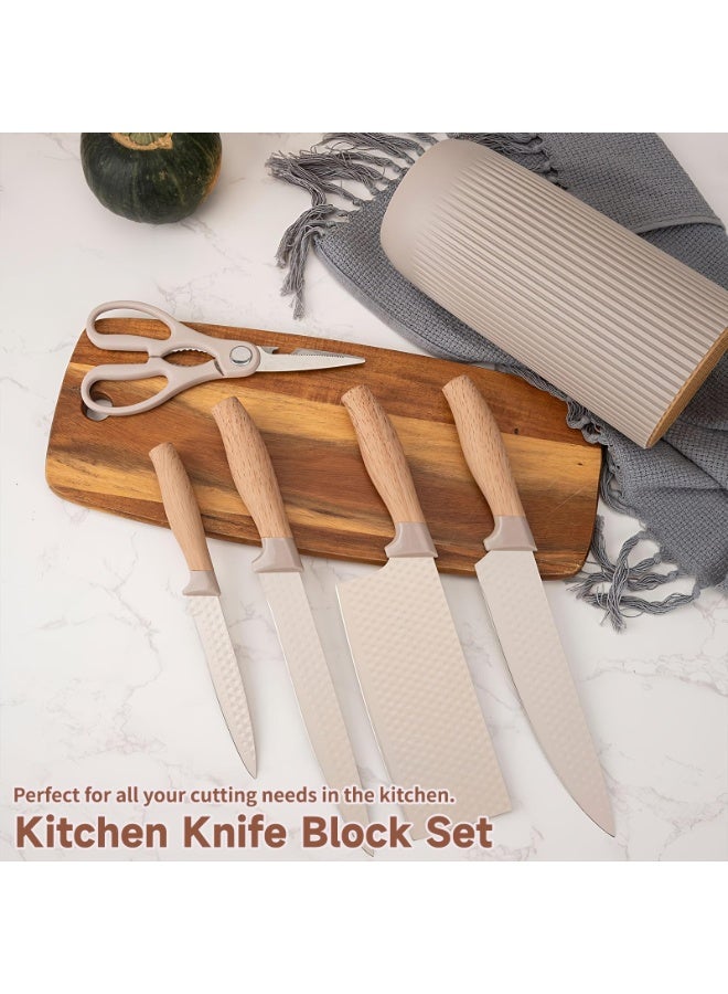 DOUGEI 6-PieceKitchen Knife Set, Khaki Kitchen Knife Set with Knife Block – Non-Stick Stainless Steel Sharp Blades, Anti-Rust & Ergonomic Design for Home, Restaurant,Outdoor - Image 3