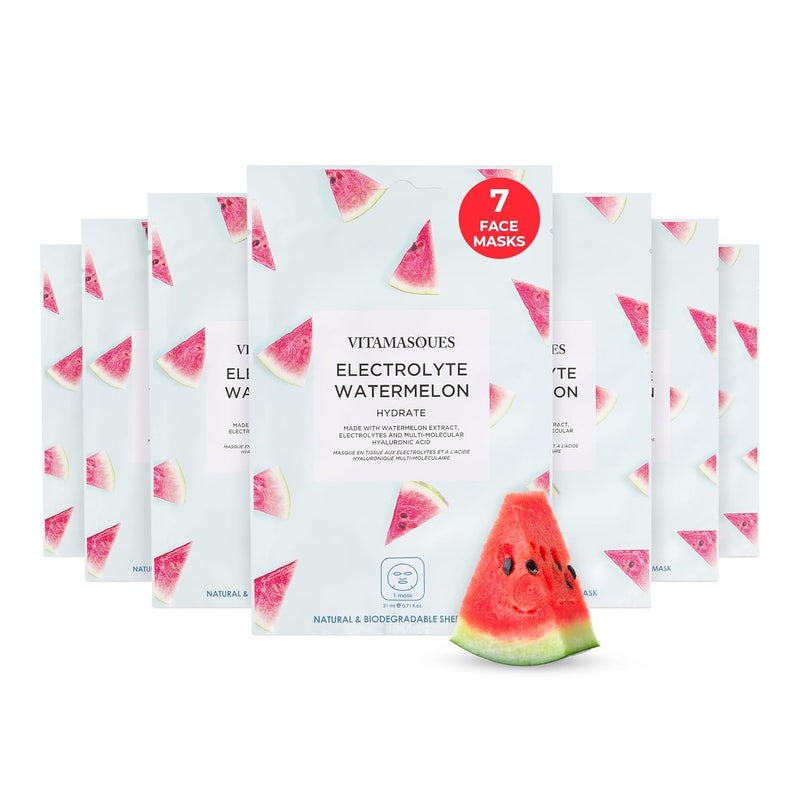 Vitamasques Electrolyte Watermelon Face Sheet Mask 7 Pack Boosts Skin Elasticity Hydrating Moisturizing PlantBased Veganfriendly