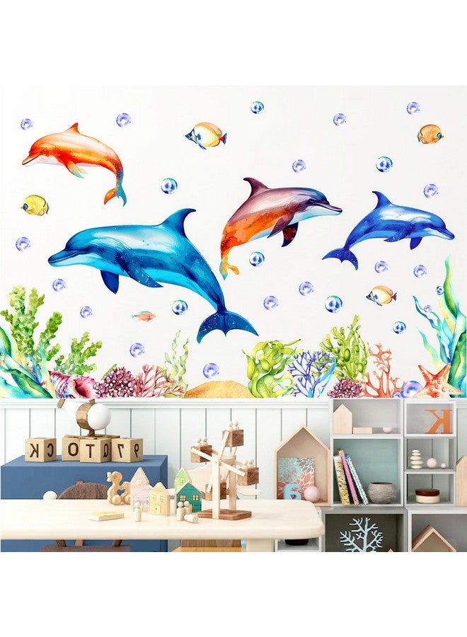 THEYGE Large Dolphin Wall Decals Under The Sea Wall Stickers Ocean Fish Wall Decals Underwater Animal Bubble Seaweed Ocean Wall Stickers Big Dolphin Wall Stickers for Kids Room Nursery Bathroom - Image 3