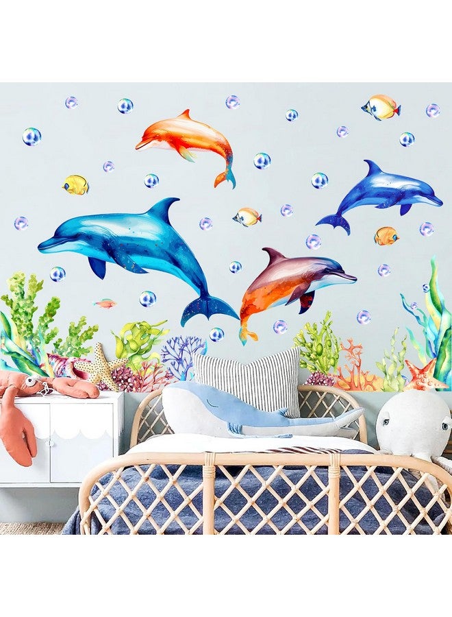 THEYGE Large Dolphin Wall Decals Under The Sea Wall Stickers Ocean Fish Wall Decals Underwater Animal Bubble Seaweed Ocean Wall Stickers Big Dolphin Wall Stickers for Kids Room Nursery Bathroom - Image 2
