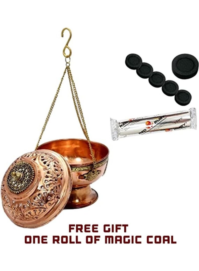 QUESERA Copper Hanging Bakhoor Burner with FREE MAGIC COAL Mabkhara Hanging incense burner home fragrance decor incense holder lobandaan bhakhoor burner - Image 3
