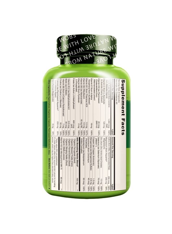 NATURELO فيتامينات ما بعد الولادة - مكمل للنساء المرضعات - فيتامين د من مصادر نباتية، حمض الفوليك، حديد لطيف - لدعم الأم المرضعة والطفل - دعم الرضاعة بعد الولادة (180 حبة (عبوة واحدة)) - Image 1