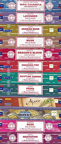 Satya Set of 12 Nag Champa Lavender Arabian Musk Egytian Jasmine Musk Dragons Fire Dragons Blood Prana Ajaro Money Rose Meditation by Satya Incense Bangalore BNG