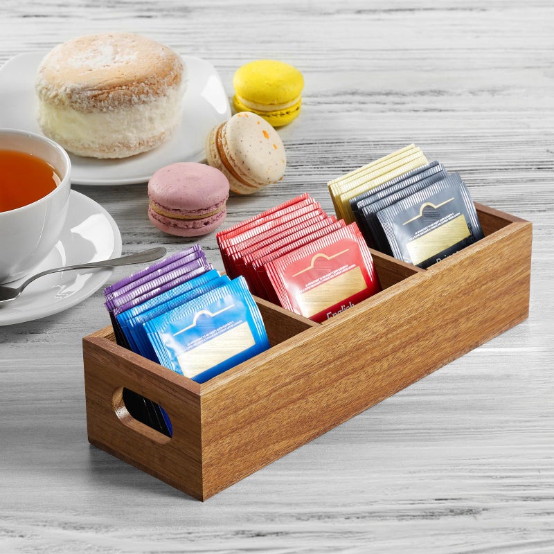 DRASTAR Tea Bag Organizer, Acacia Tea Bag Holder, Tea Storage Containers with 3 Slots, Wooden Tea Storage Accessories, Mini Tea Bag Caddy Box for Countertop - Image 2