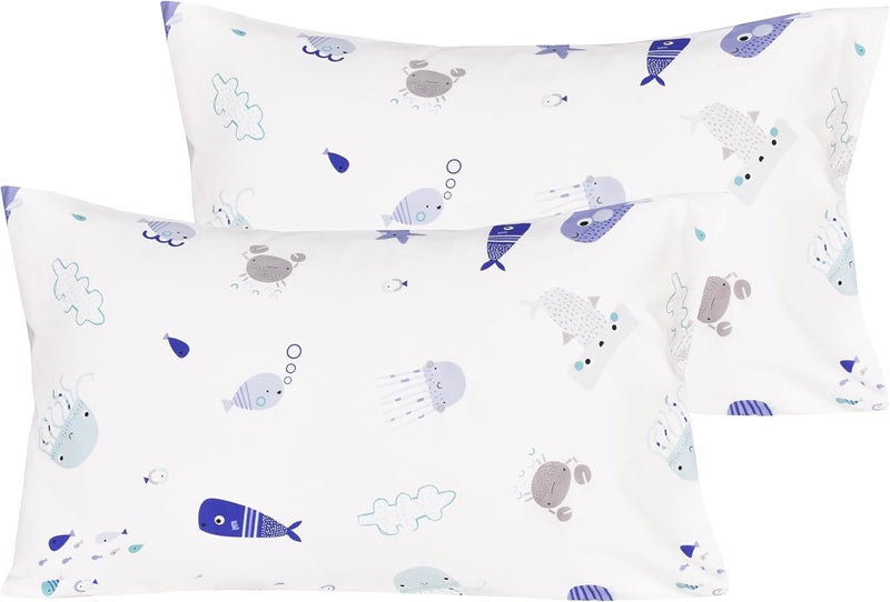 Sea Animals Fish Whale Underwater World Cute Cartoon 2 Pcs Pillowcase 100% Natural Cotton 20" X 30" for Kids Toddler Boys Girls Bedding Decoration