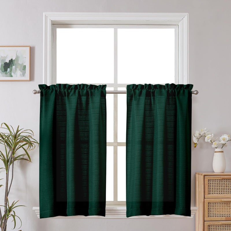 Chyhomenyc Christmas Hunter Green Kitchen Curtains 36 Inch Length, Faux Linen Textured Small Cafe Curtain Tiers, Light Filtering Short Window Curtains for Bathroom Basement, 30x36 inch, 2PCS - Image 1