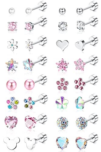 Jstyle أقراط جستايل 16 زوج من الأقراط hypoallergenic للفتيات والنساء من الفولاذ الجراحي مع قفل لولبي للأذان الحساسة، أقراط لطيفة للأطفال، أقراط مسطحة، مناسبة لمن هم فوق 4 سنوات - Image 1