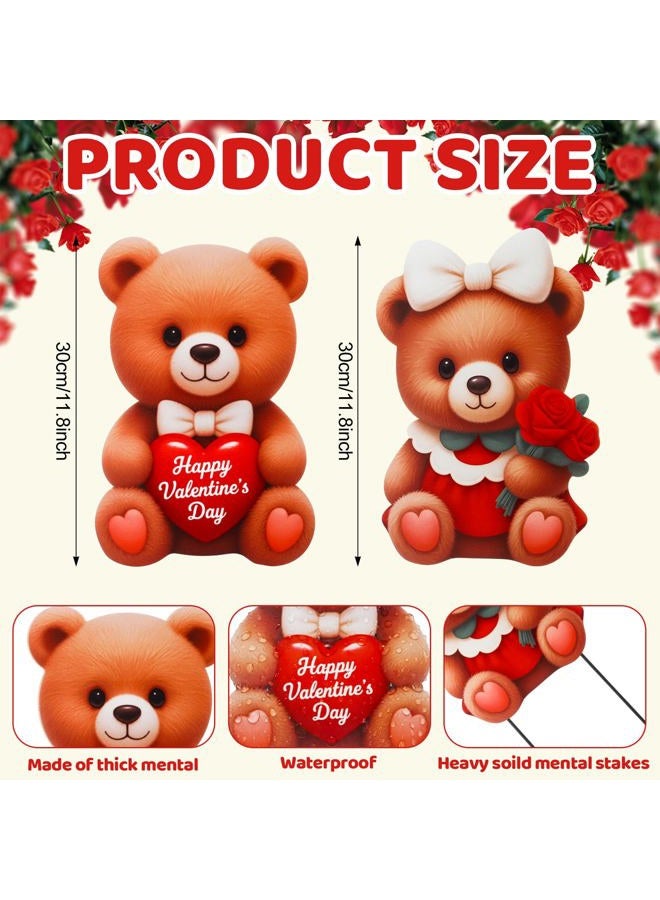 PullCrease 2 Pcs Valentine Decorations Outdoor 3D Couple Bear Yard Signs Decorative Garden Stakes Bear Hearts Rose Lawn Decorations Yard Decor for Spring Lawn Pathway Garden - Image 2