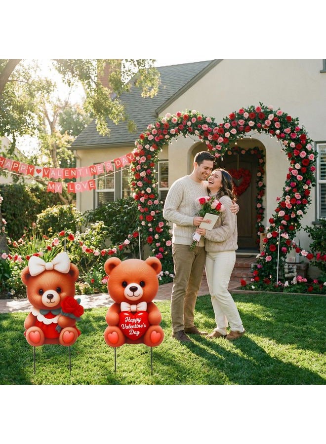 PullCrease 2 Pcs Valentine Decorations Outdoor 3D Couple Bear Yard Signs Decorative Garden Stakes Bear Hearts Rose Lawn Decorations Yard Decor for Spring Lawn Pathway Garden - Image 3