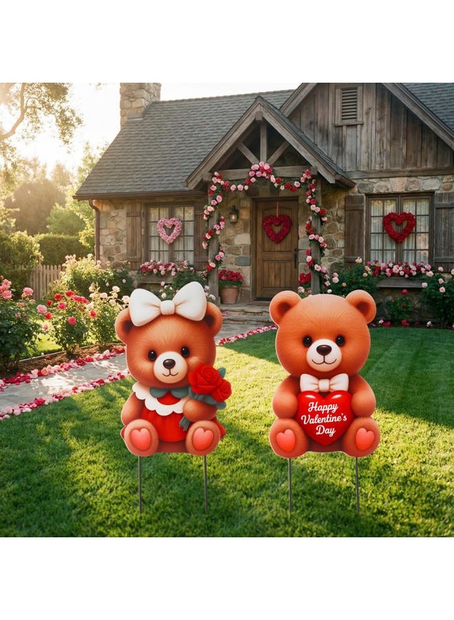 PullCrease 2 Pcs Valentine Decorations Outdoor 3D Couple Bear Yard Signs Decorative Garden Stakes Bear Hearts Rose Lawn Decorations Yard Decor for Spring Lawn Pathway Garden - Image 5