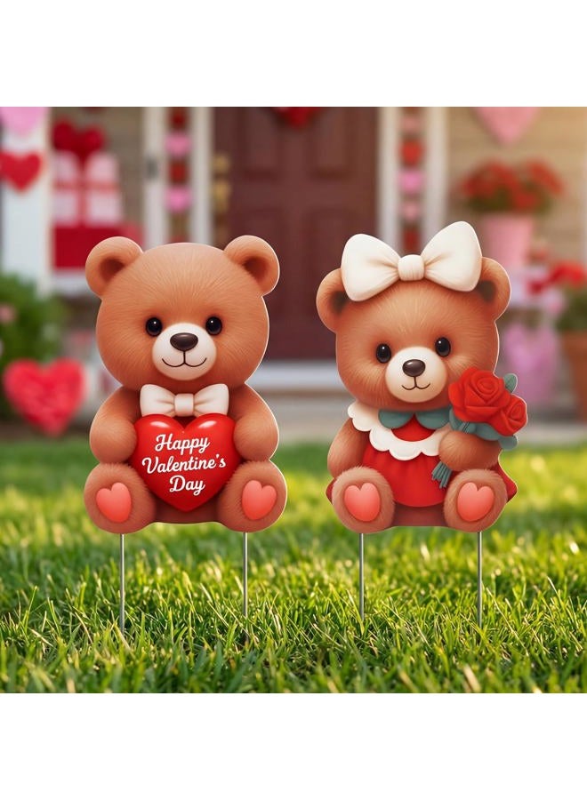 PullCrease 2 Pcs Valentine Decorations Outdoor 3D Couple Bear Yard Signs Decorative Garden Stakes Bear Hearts Rose Lawn Decorations Yard Decor for Spring Lawn Pathway Garden - Image 1