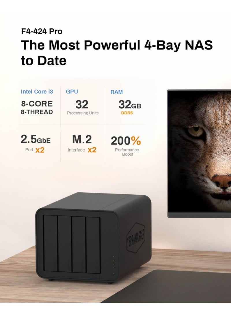 TERRAMASTER TERRAMASTER F4-424 Pro NAS Storage - 4Bay Core i3-N305 8-Core 8-Thread CPU, 32GB DDR5 RAM, 2.5GbE Port x 2, Network Attached Storage Peak Performance for Business (Diskless) - Image 2