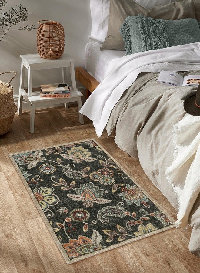 Morebes Floral Door Rugs for Entryway Indoor, Small 2x3 Throw Rug Non Slip,Washable Paisley Rugs for Kitchen Floor,Non Shedding Throw Carpet for Bedroom Bathroom Dorm Entry, Brownish Black - Image 5