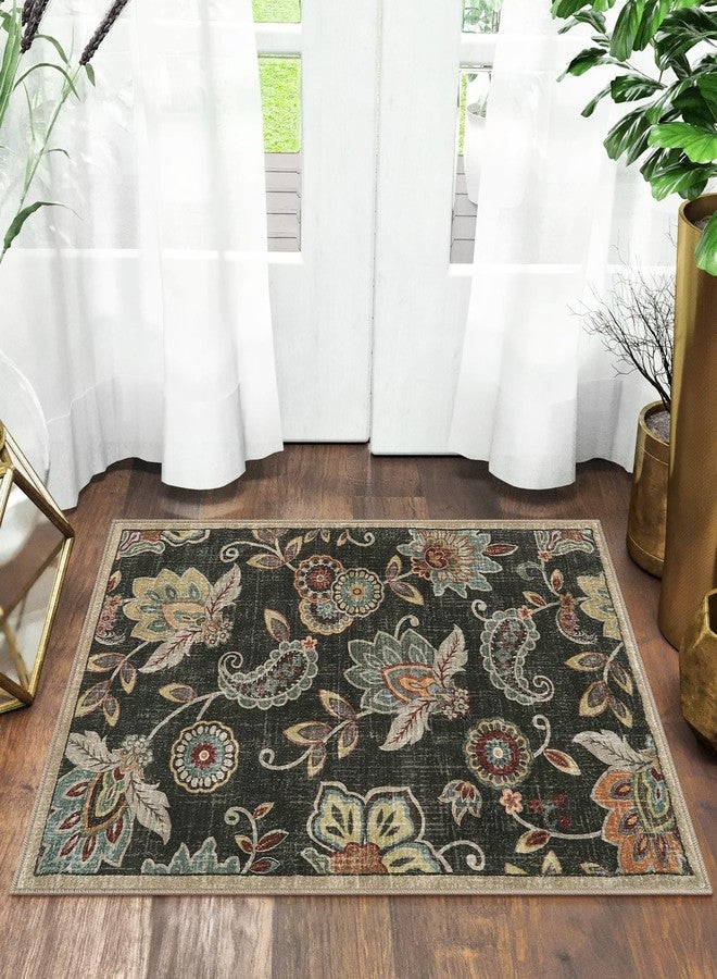 Morebes Floral Door Rugs for Entryway Indoor, Small 2x3 Throw Rug Non Slip,Washable Paisley Rugs for Kitchen Floor,Non Shedding Throw Carpet for Bedroom Bathroom Dorm Entry, Brownish Black - Image 1