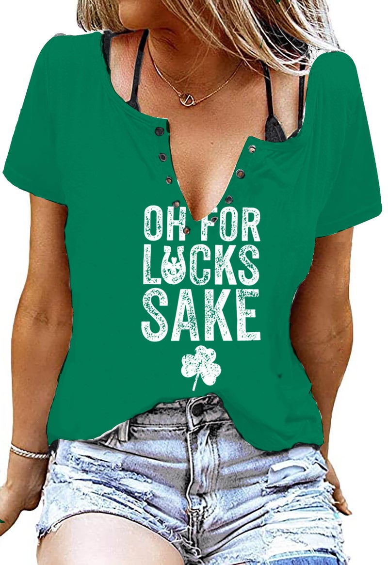 Shamrock St Patricks Day Shirt Women Funny V Neck Irish Shamrock St. Pattys Holiday Clover Tops Tee(Green-XL)