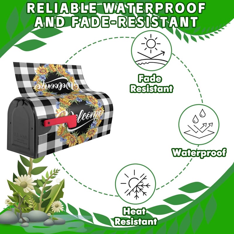 Identiy Sunflowers Cornflowers Welcome Wreath Mailbox Covers Magnetic Standard Size,Buffalo Plaid Spring Summer Mailbox Covers Magnetic 18"x21" for Holiday Yard Decor - Image 3