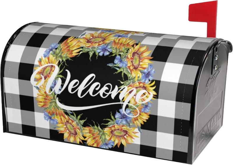 Identiy Sunflowers Cornflowers Welcome Wreath Mailbox Covers Magnetic Standard Size,Buffalo Plaid Spring Summer Mailbox Covers Magnetic 18"x21" for Holiday Yard Decor - Image 1