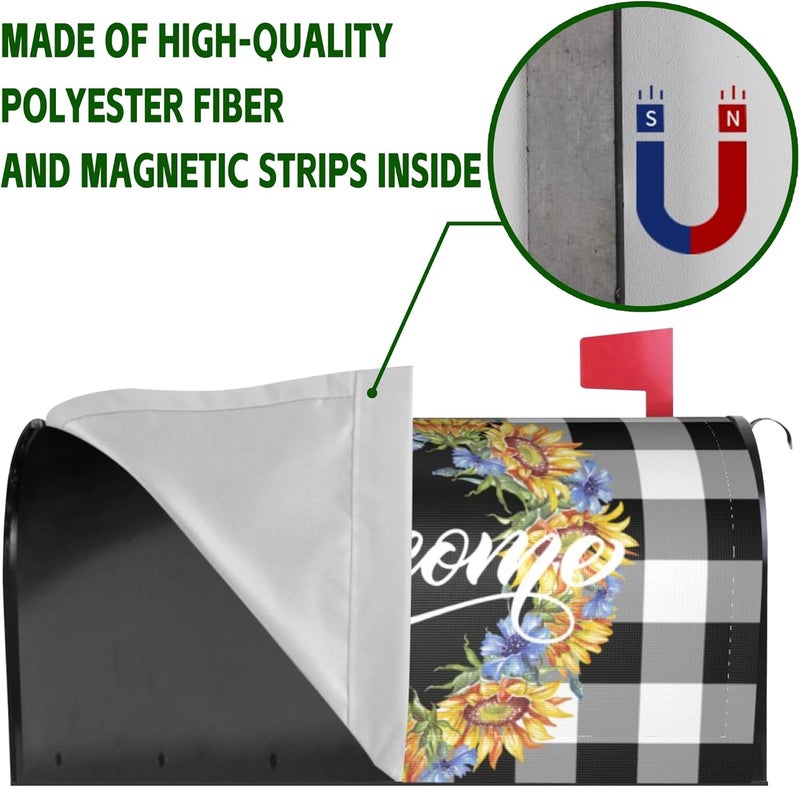 Identiy Sunflowers Cornflowers Welcome Wreath Mailbox Covers Magnetic Standard Size,Buffalo Plaid Spring Summer Mailbox Covers Magnetic 18"x21" for Holiday Yard Decor - Image 4