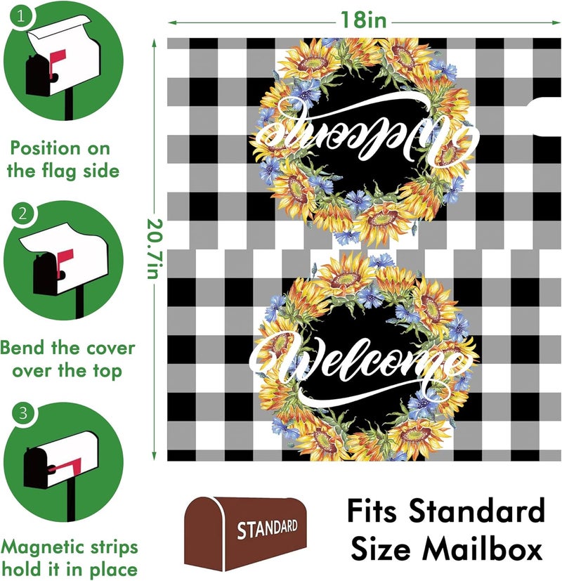Identiy Sunflowers Cornflowers Welcome Wreath Mailbox Covers Magnetic Standard Size,Buffalo Plaid Spring Summer Mailbox Covers Magnetic 18"x21" for Holiday Yard Decor - Image 2