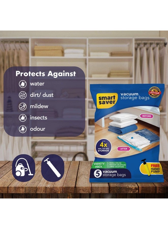 Smart Saver T Saver Vacuum Bags For Travel, Space Saver Bags (1 Large/2 Medium/2 Small) Compression Storage Bags For Clothes, Bedding, Pillows, Comforters, Blankets Storage Vacuum Sealer Bags For Clothes Storage, Vaccine Sealed Compression Airtight Reusable Packing Ziplock Bag With Travelling Hand Pump  - Image 5