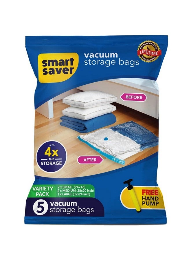 Smart Saver T Saver Vacuum Bags For Travel, Space Saver Bags (1 Large/2 Medium/2 Small) Compression Storage Bags For Clothes, Bedding, Pillows, Comforters, Blankets Storage Vacuum Sealer Bags For Clothes Storage, Vaccine Sealed Compression Airtight Reusable Packing Ziplock Bag With Travelling Hand Pump  - Image 1