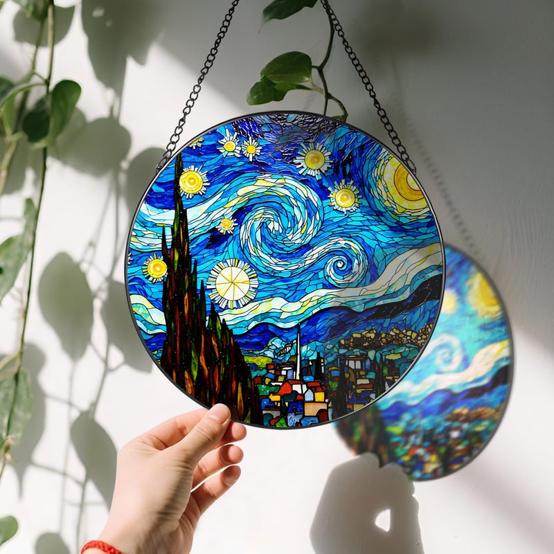 LAOWEIKI 8'' Van Gogh Starry Night Sun Catcher Ornament, Stained Glass Window Hanging, Sun Catchers for Windows Hanging Ornaments, Window Decor, Ideal Gift | Gifts for Art Lovers, Friends, Family - Image 3