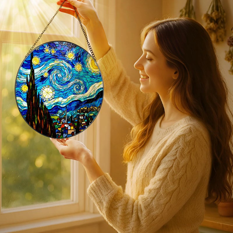 LAOWEIKI 8'' Van Gogh Starry Night Sun Catcher Ornament, Stained Glass Window Hanging, Sun Catchers for Windows Hanging Ornaments, Window Decor, Ideal Gift | Gifts for Art Lovers, Friends, Family - Image 2